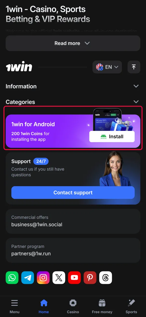 Locate the mobile app button to install Aviator on 1win application.