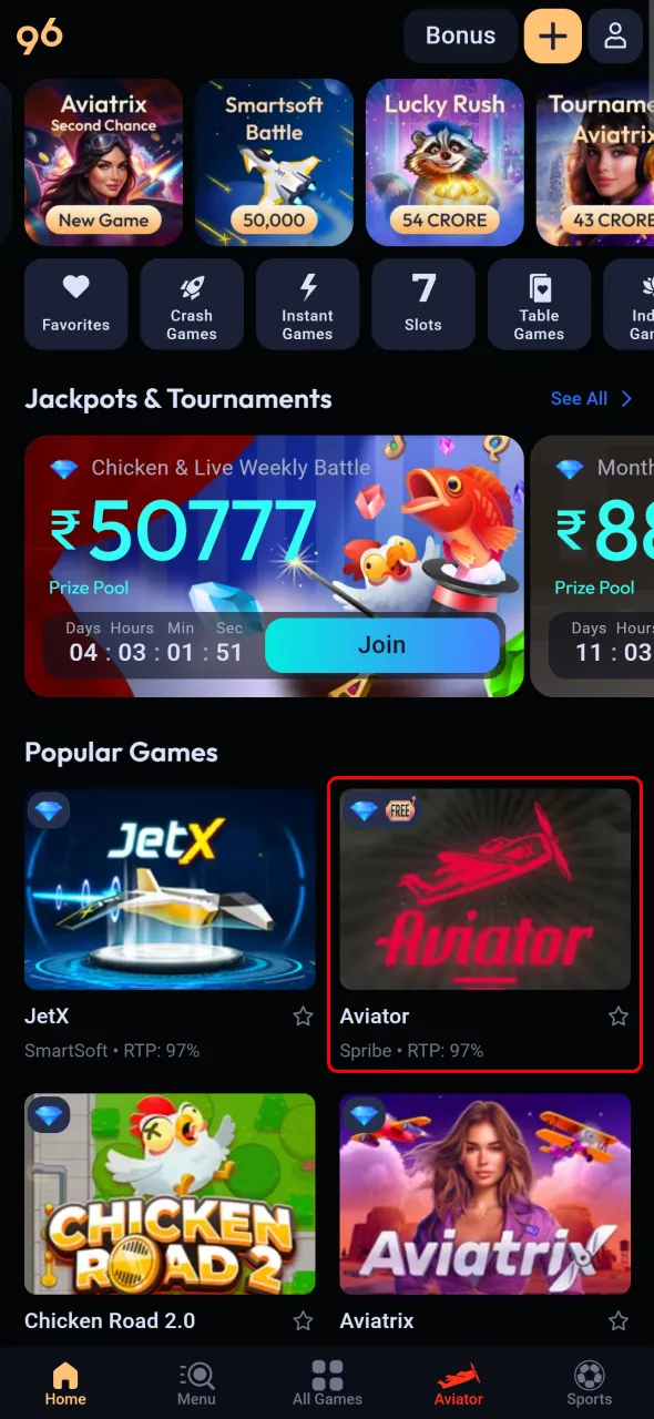 Launch Aviator and begin playing instantly on Odds96.